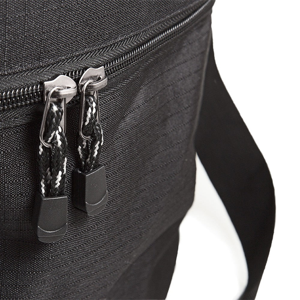 Close-up of dual metal zippers with braided pull cords on a black sturdy fabric transport bag, crafted for safely storing gear in Farm, Garden & Tool and Camping collections.