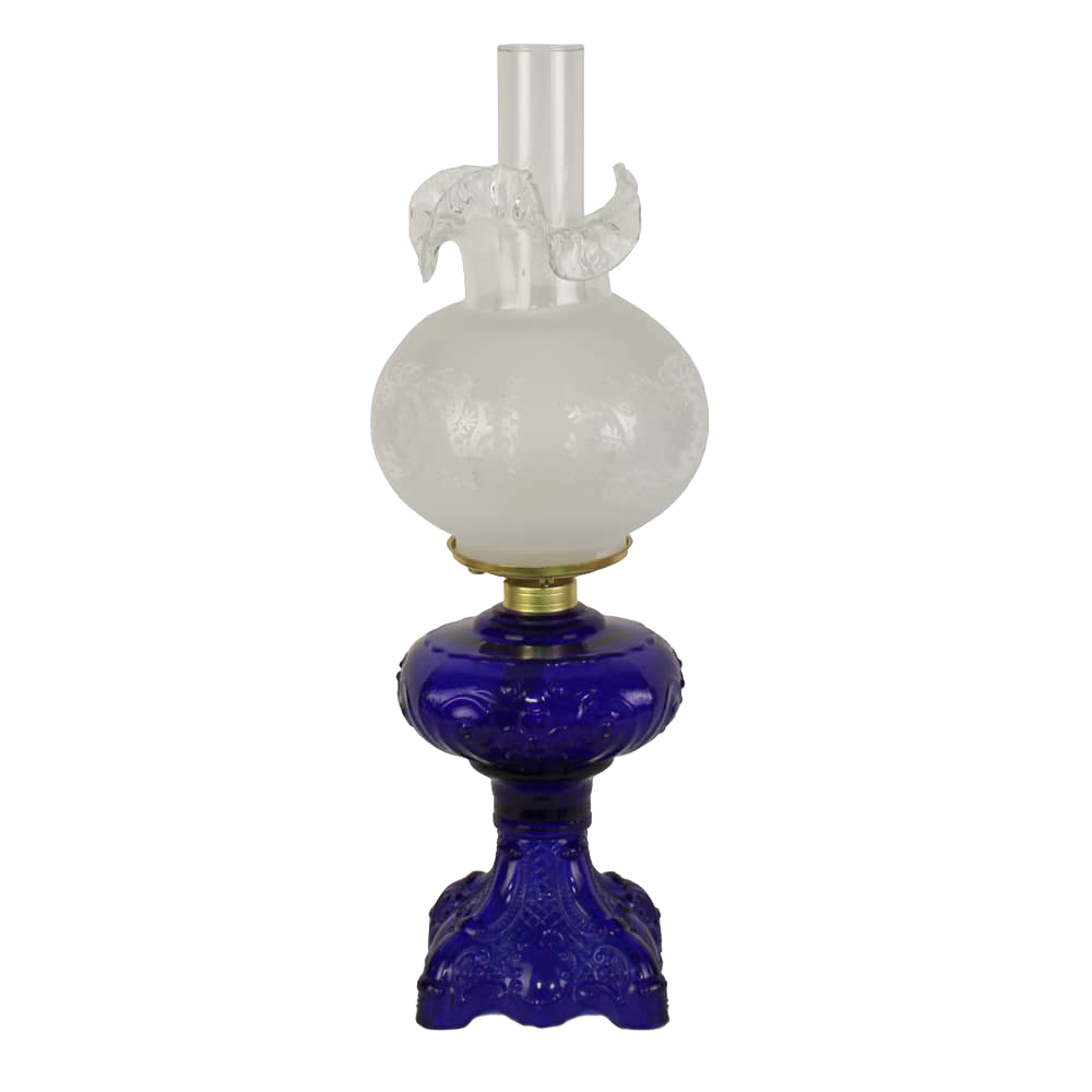 Handcrafted 22-inch oil lamp featuring a detailed sculptured blue glass base and etched white chimney, perfect for Lamps & Lighting, Oil Lamps, Table Lamps, Best Sellers, and Promo Eligible collections.