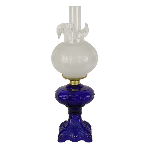 Handcrafted 22-inch oil lamp featuring a detailed sculptured blue glass base and etched white chimney, perfect for Lamps & Lighting, Oil Lamps, Table Lamps, Best Sellers, and Promo Eligible collections.