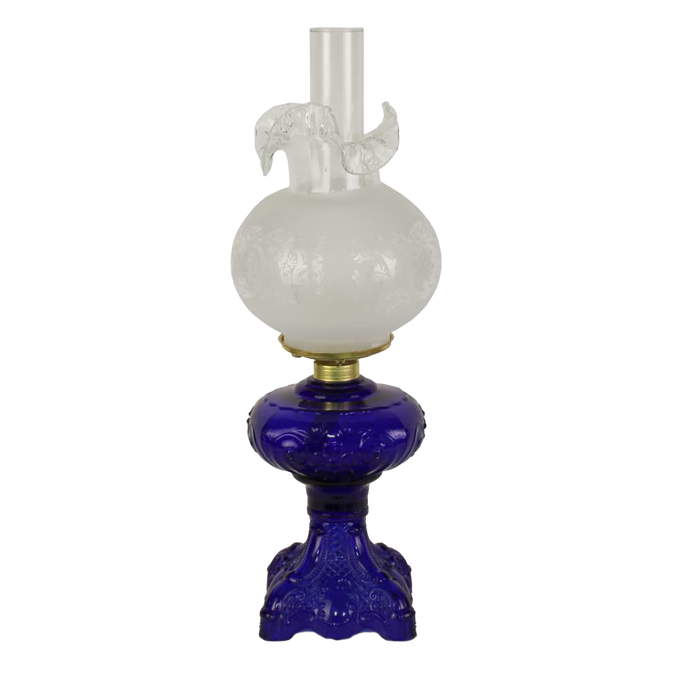 Handcrafted 22-inch oil lamp featuring a detailed sculptured blue glass base and etched white chimney, perfect for Lamps & Lighting, Oil Lamps, Table Lamps, Best Sellers, and Promo Eligible collections.