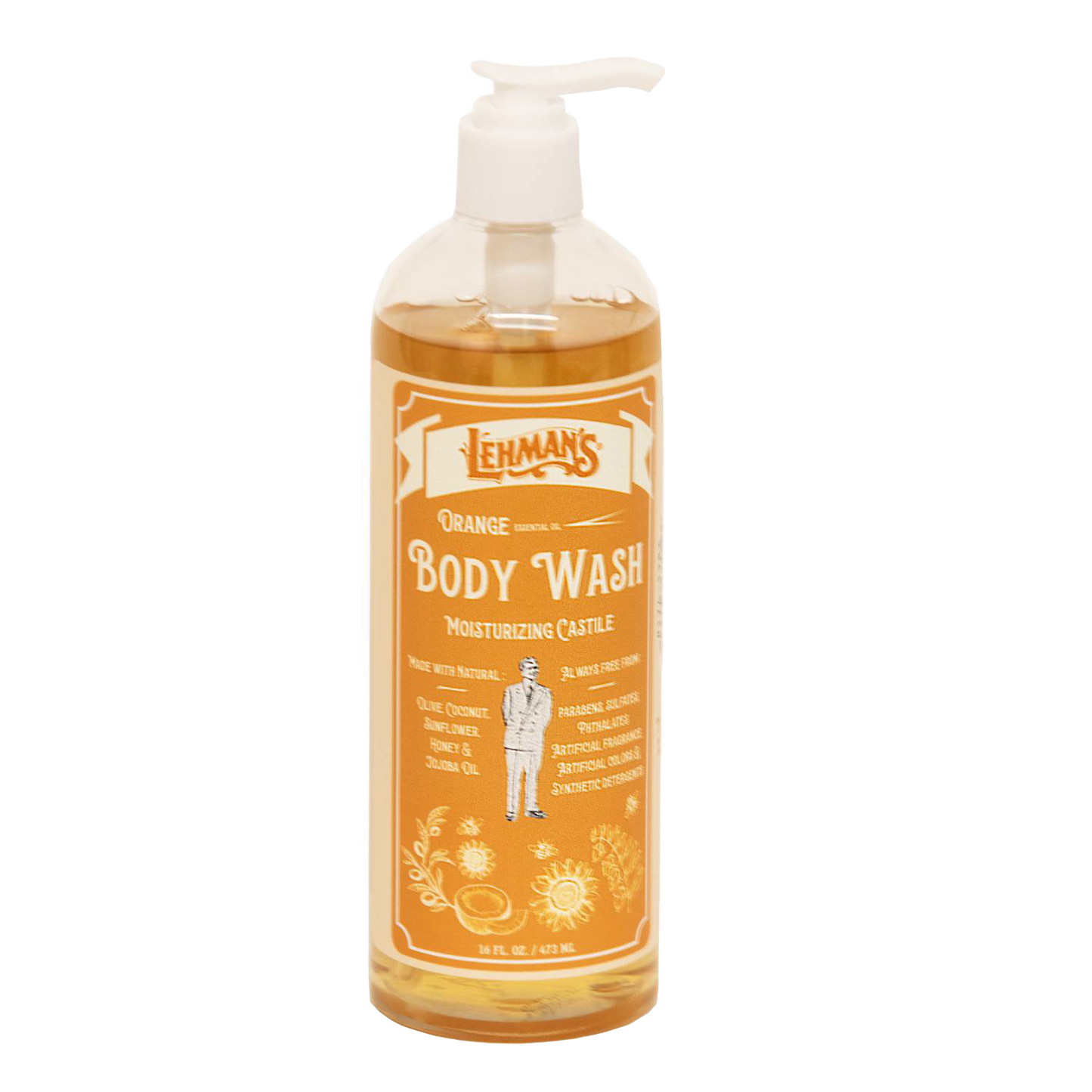 Clear pump bottle of handcrafted moisturizing castile body wash with natural oils and orange scent, made in USA, ideal for health & wellness, grooming and personal hygiene collections.