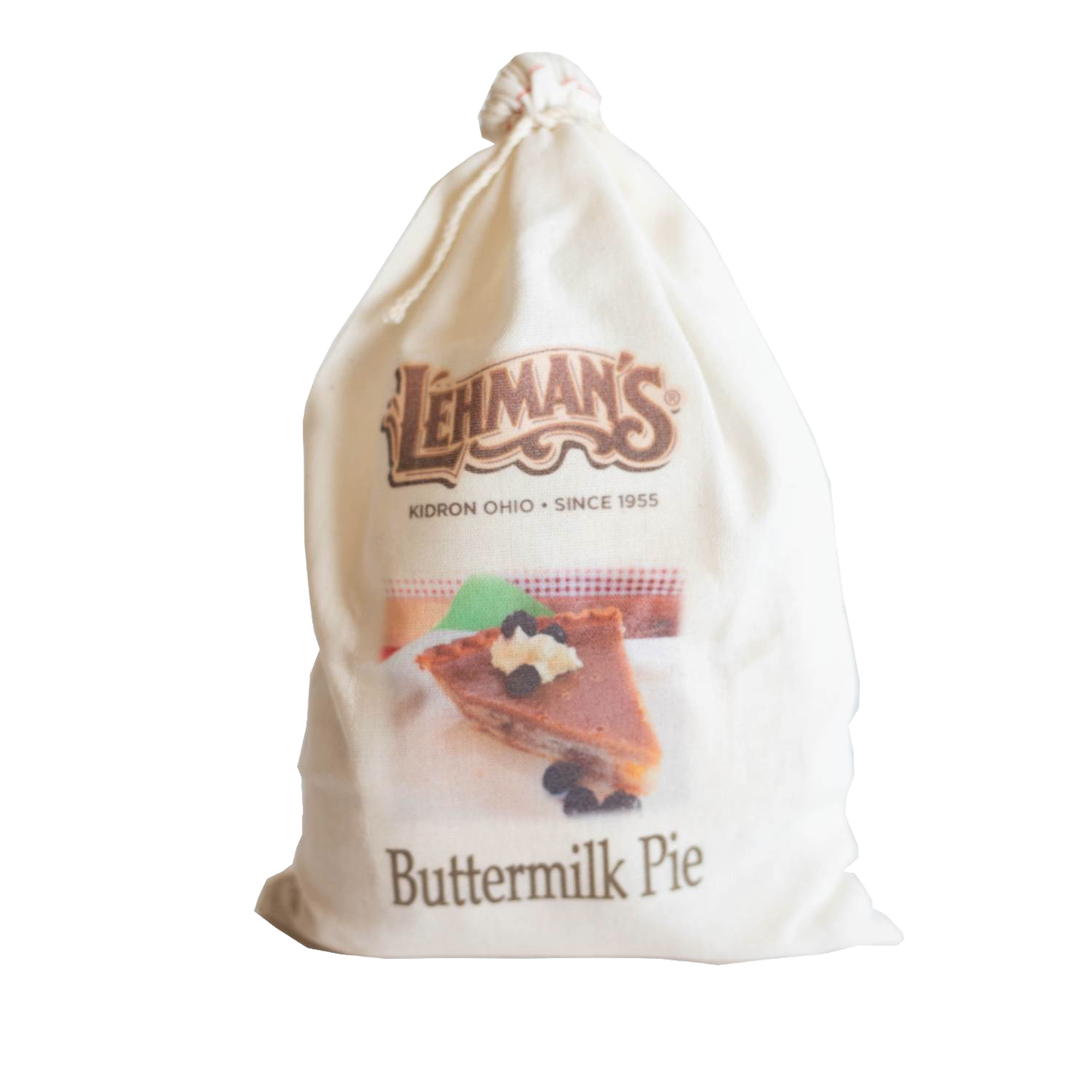 Soft cloth drawstring bag featuring Lehman’s branding and image of a slice of buttermilk pie, perfect for Kitchen & Food, Dry Goods and Mixes, Best Sellers, and Snacks and Sweets collections.