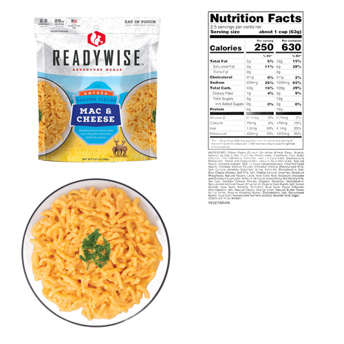 ReadyWise Golden Fields Mac & Cheese Meal Pouch displayed with prepared macaroni and cheese garnished with parsley, ideal for Camping, Kitchen & Food, Emergency Supplies, Pantry, and USA Made collections.