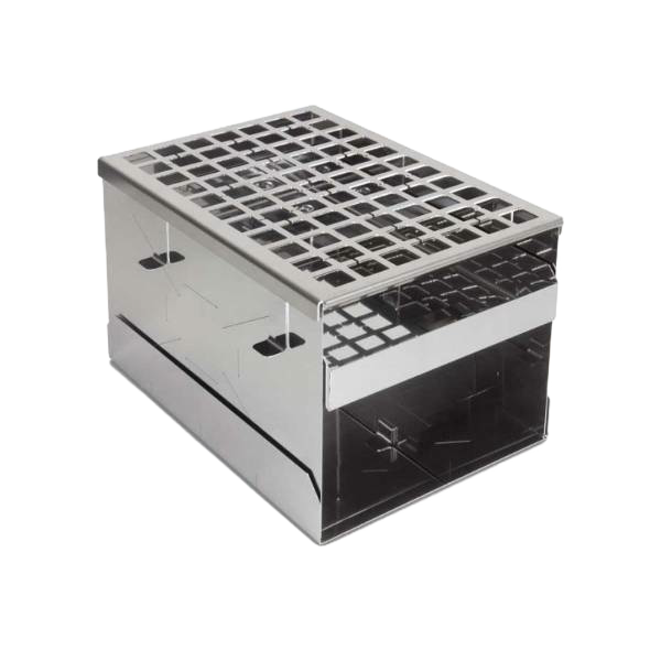 Handcrafted compact stainless steel camp stove with a removable grid top and foldable design, suitable for Farm, Garden & Tool, Camping, Emergency Supplies, Best Sellers, and Promo Eligible collections.