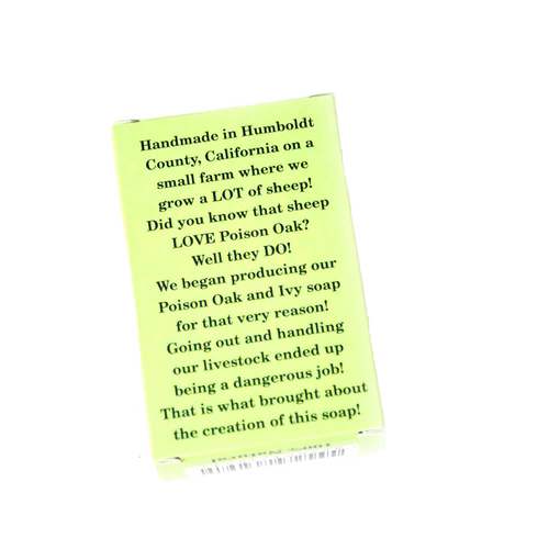 Small handmade soap bar with bright green packaging featuring black text about its creation on an organic small farm in Humboldt County, ideal for Health & Wellness, Soaps, USA Made, and Best Sellers collections.