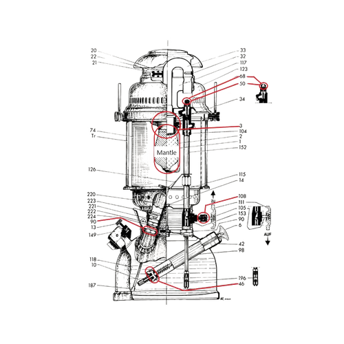 Technical schematic illustration of a Petromax high-pressure lamp with detailed labeled parts, showcasing components used in lamps & lighting, parts and accessories, and other parts collections.