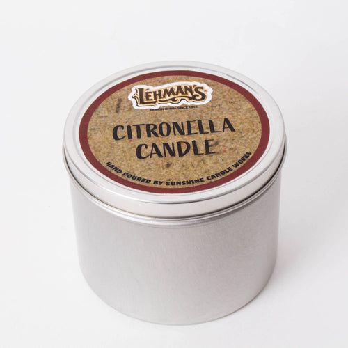 Handcrafted citronella candle with bright yellow wax in a compact metal tin, designed for outdoor use in camping, pest control, and Farm, Garden & Tool collections.