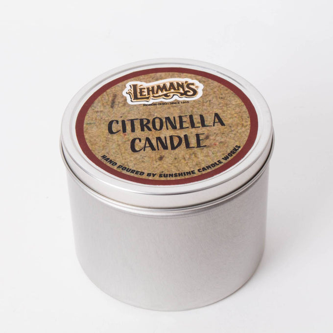 Handcrafted citronella candle with bright yellow wax in a compact metal tin, designed for outdoor use in camping, pest control, and Farm, Garden & Tool collections.