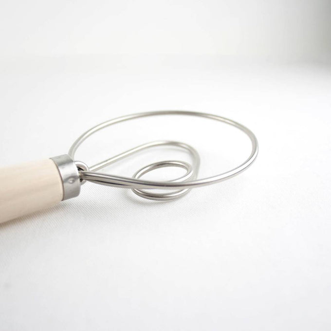 Handcrafted Amish made dough whisk with a natural wood handle and two spiral stainless steel wires, perfect for baking and mixing dough in Kitchen & Food and Baking Supplies collections.