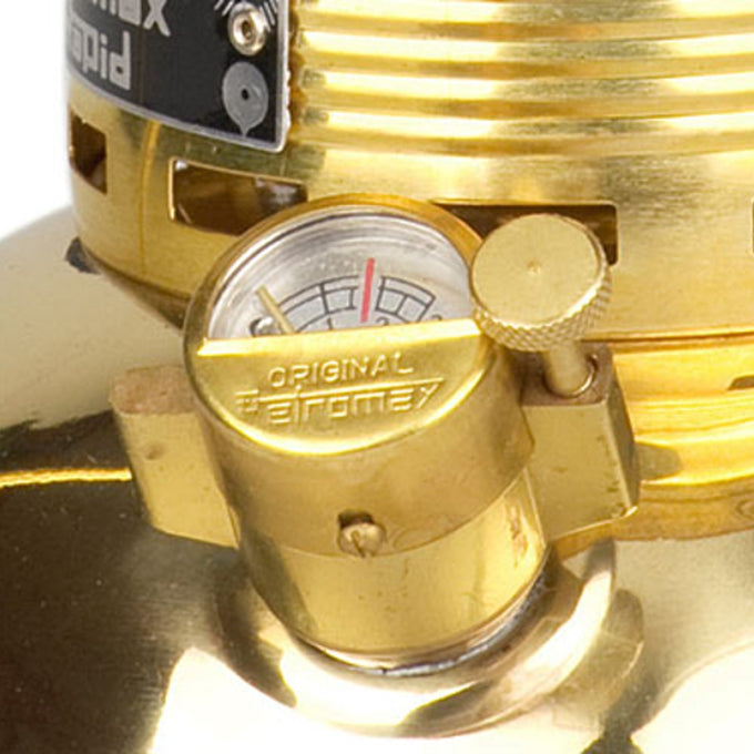 Brass pressure gauge with clear dial and red optimal pressure indicator, mounted on a lamp tank, featured in Lamps & Lighting, Parts and Accessories, Other Parts, Best Sellers, and Promo Eligible collections.