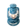 Blue metal oil lantern with glass globe, lit flame inside, designed for outdoor use in camping, garden, and emergency situations, part of Farm, Garden & Tool and Camping collections.