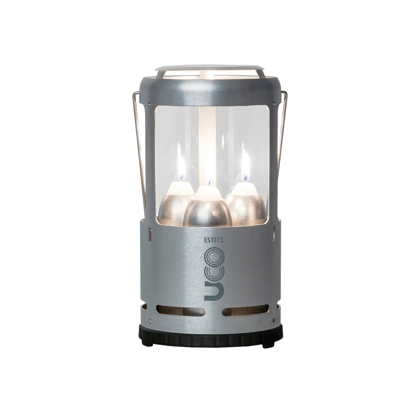 Handcrafted Candlelier Candle Lantern with three lit candles inside a sturdy metal frame, designed for reliable outdoor lighting in camping, emergency, and garden settings.