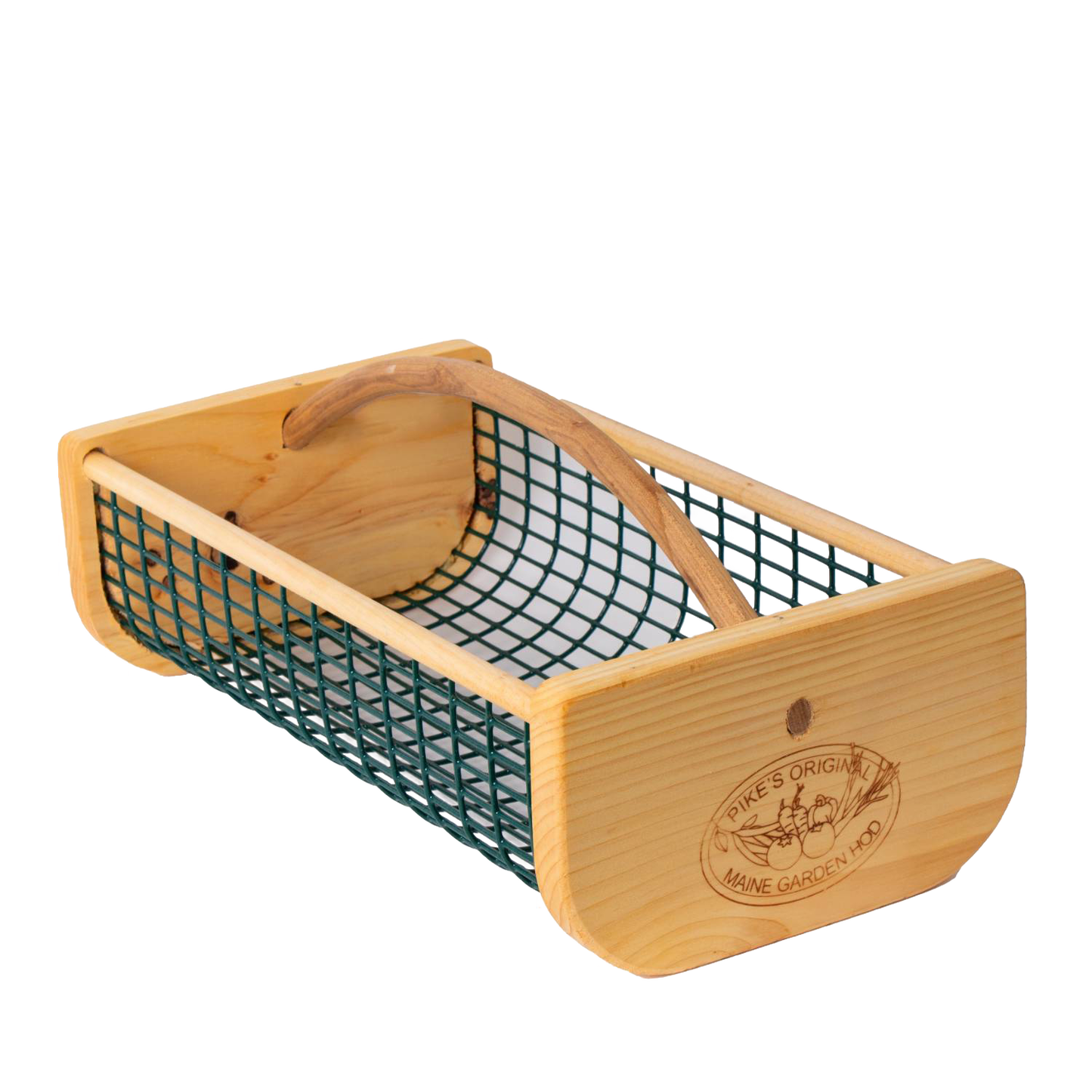 Handcrafted Maine Garden Hod with smooth wooden ends and green wire mesh body, featuring a curved wooden handle and engraved logo, part of Farm, Garden & Tool, USA Made, and Best Sellers collections.