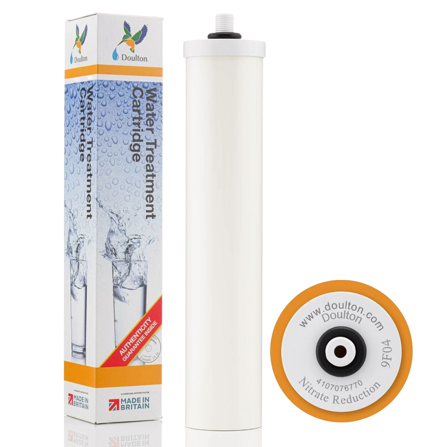 White cylindrical water treatment cartridge designed to reduce nitrates, shown with branded packaging and suitable for use in appliances, water heating and treatment, and best sellers collections.