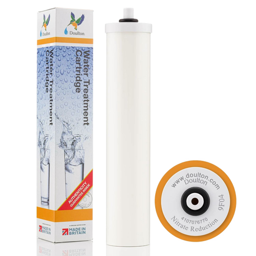 White cylindrical water treatment cartridge designed to reduce nitrates, shown with branded packaging and suitable for use in appliances, water heating and treatment, and best sellers collections.