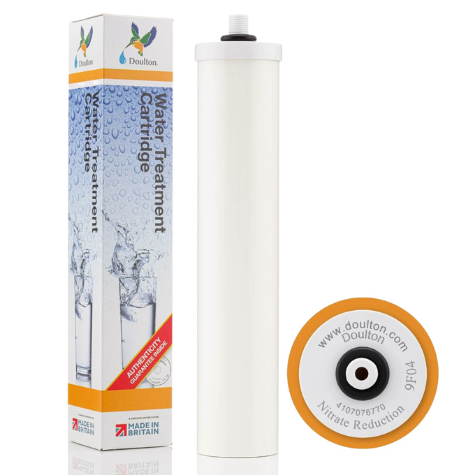 White cylindrical water treatment cartridge designed to reduce nitrates, shown with branded packaging and suitable for use in appliances, water heating and treatment, and best sellers collections.