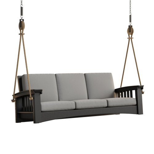 Handcrafted 7 ft rope swing sofa with thick gray cushions, made in the USA from durable cypress wood, perfect for outdoor spaces in Home & Decor, Amish Made, Best Sellers collections.