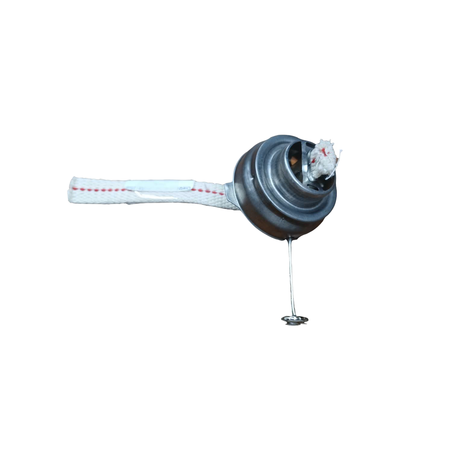Metal burner component for oil lanterns with attached wick, designed as a replacement part for camping and emergency lighting, featured in lamps and outdoor collections.