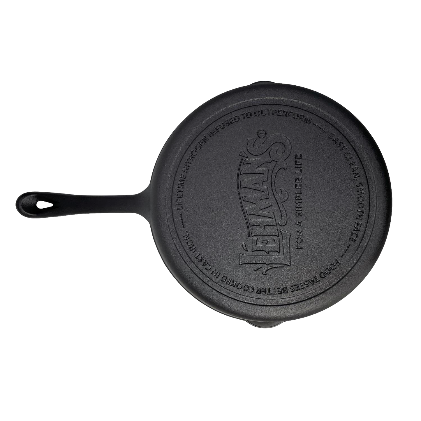 Handcrafted nitrogen-hardened cast iron skillet with smooth surface and engraved Lehman's logo, designed for superior cooking performance in Kitchen & Food, Cookware, Cast Iron collections.
