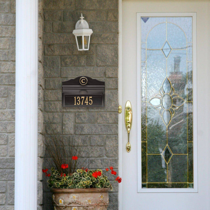 Handcrafted black and gold wall mount mailbox with personalized monogram and house number, made in USA, enhancing curb appeal for Home & Decor and Mailboxes and Address Signs collections.