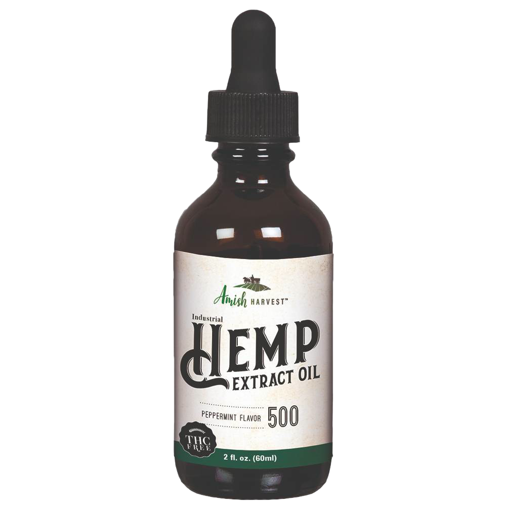 Amber glass dropper bottle of peppermint-flavored hemp extract oil labeled THC free 500 strength, handcrafted in the USA, featured in Health & Wellness, Health Remedies, Best Sellers, and Promo Eligible collections.