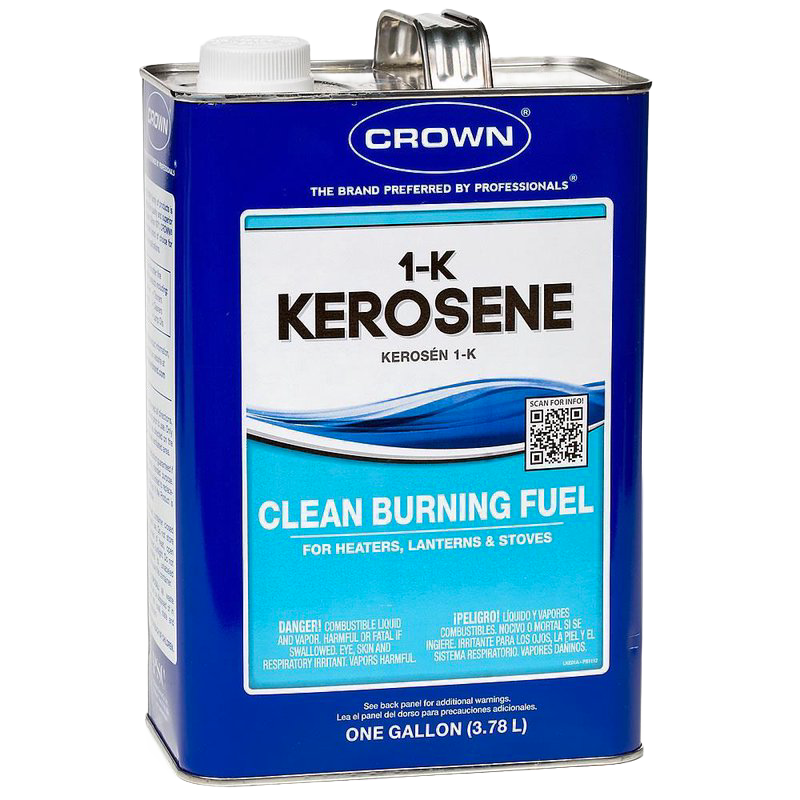 One-gallon metal container of clean burning 1-K kerosene fuel, made in USA, ideal for heaters, lamps, stoves, farm, garden, emergency supplies, and outdoor use.