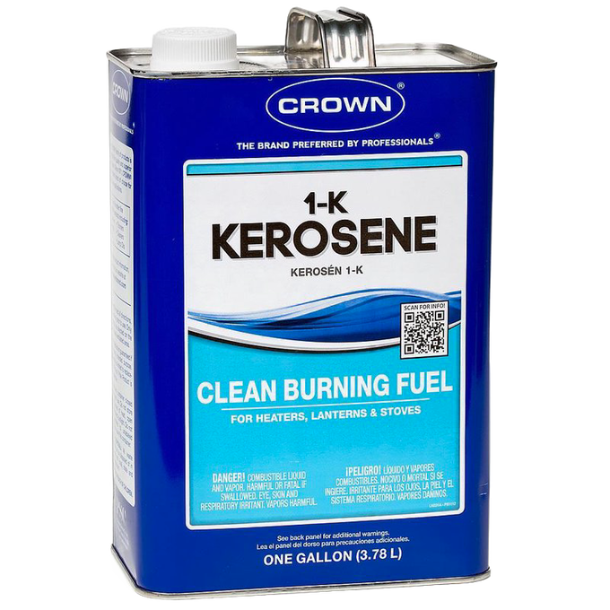 One-gallon metal container of clean burning 1-K kerosene fuel, made in USA, ideal for heaters, lamps, stoves, farm, garden, emergency supplies, and outdoor use.