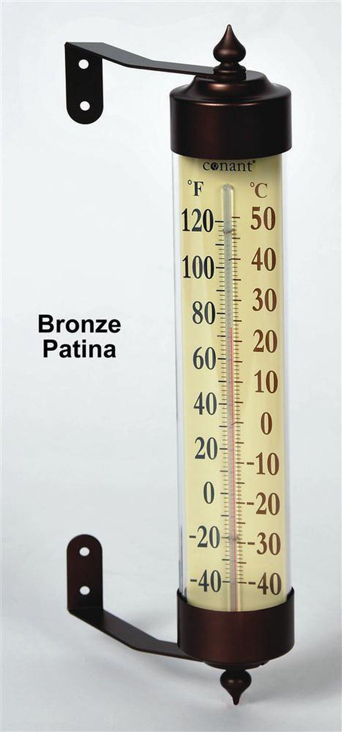 Extra-large wall-mounted thermometer with bronze patina finish, featuring clear 7/16" temperature numbers in Fahrenheit and Celsius, ideal for Home & Decor, Garden Accessories, and Best Sellers collections.