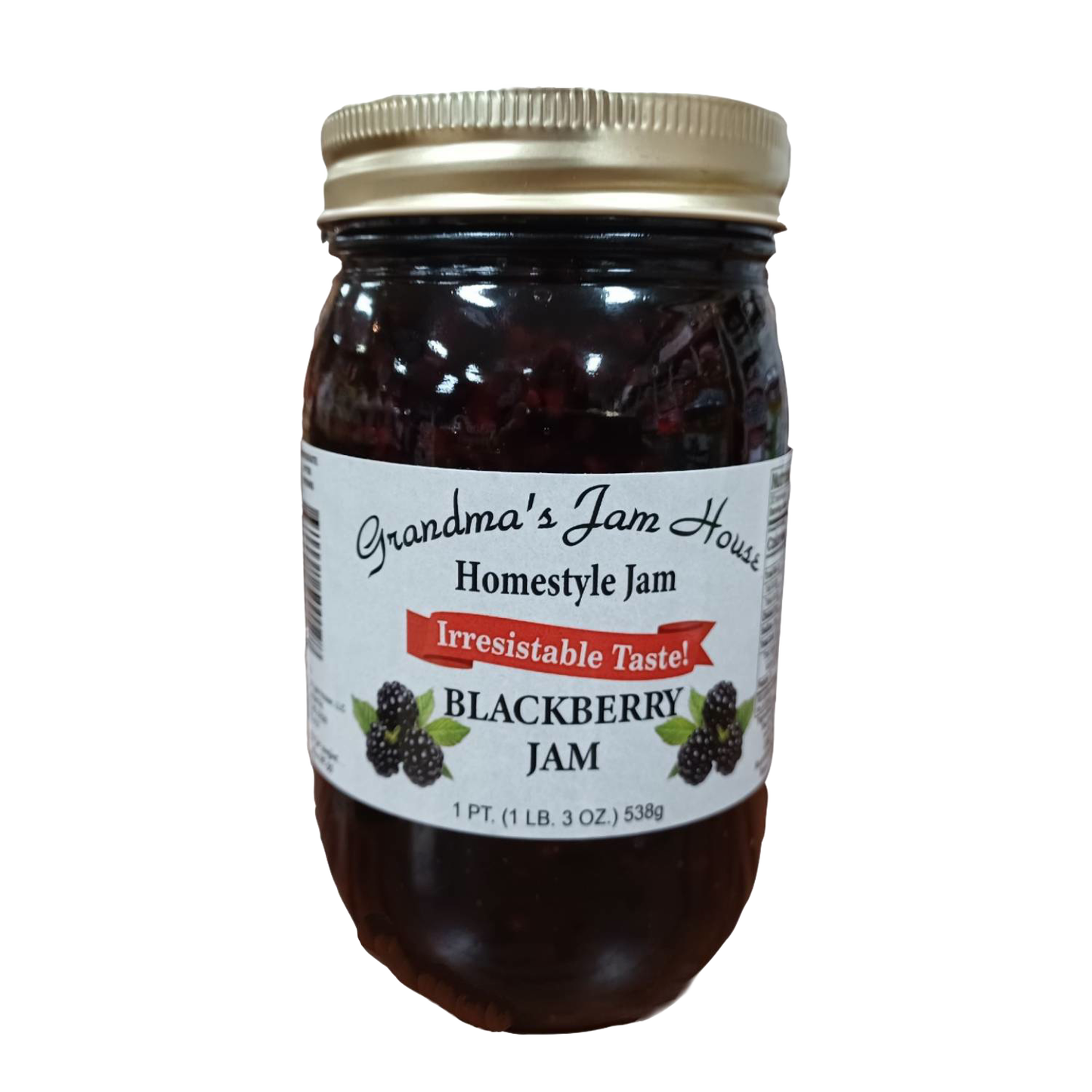 Handcrafted jar of blackberry homestyle jam with gold metal lid and white label featuring fruit illustrations and "Irresistable Taste" banner, made in USA, ideal for Kitchen & Food, Pantry, Peanut Butter & Jellies, USA Made, Best Sellers, and Promo Eligible collections.