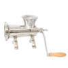 Polished stainless steel kitchen meat grinder with wooden handle and sturdy mounted base featuring pre-drilled holes, handcrafted for use in Kitchen & Food, Specialty Equipment, and Butchering Supplies collections.