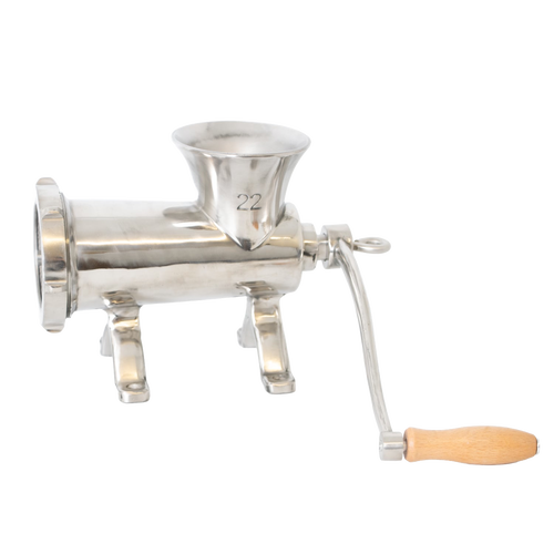 Polished stainless steel kitchen meat grinder with wooden handle and sturdy mounted base featuring pre-drilled holes, handcrafted for use in Kitchen & Food, Specialty Equipment, and Butchering Supplies collections.