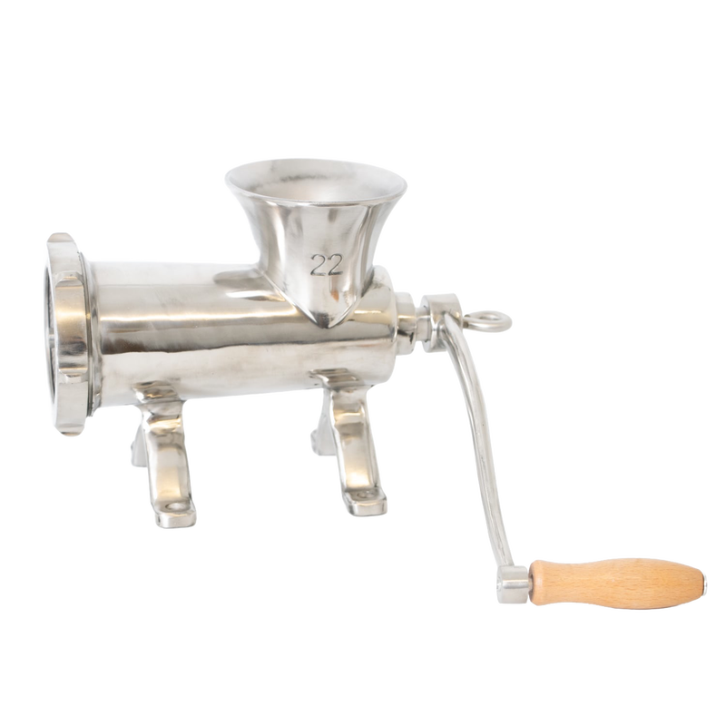 Polished stainless steel kitchen meat grinder with wooden handle and sturdy mounted base featuring pre-drilled holes, handcrafted for use in Kitchen & Food, Specialty Equipment, and Butchering Supplies collections.