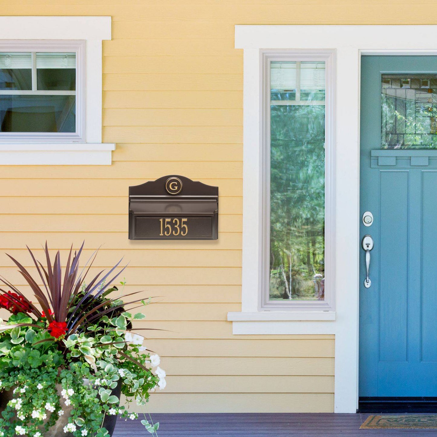 Handcrafted bronze and gold wall mount mailbox with custom house number and monogram, made in USA, adding elegance and curb appeal, ideal for Home & Decor, Household Helpers, and Mailboxes and Address Signs collections.