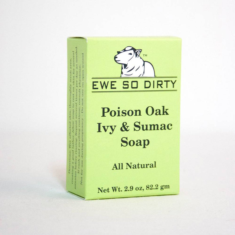 Handcrafted all-natural poison oak, ivy, and sumac relief soap in pale green packaging, featured in Health & Wellness, Soaps, USA Made, Best Sellers, and Promo Eligible collections.