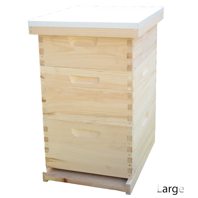 Handcrafted natural wood 10-frame beehive box with a flat white cover, designed for easy honeybee management in Farm, Garden & Tool, 10-Frame Hives and Beekeeping Supplies collections.