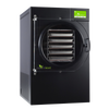 Sleek black freeze dryer with clear door revealing multiple stainless steel trays inside, featuring a green touchscreen control panel, designed for Kitchen & Food, Food Preservation, Freezing, Drying, and Best Sellers collections.