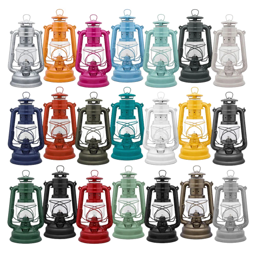 Collection of handcrafted Feuerhand Galvanized Oil Lanterns in various colors, featuring durable thermal heat-resistant SUPRAX globes, ideal for Camping, Lamps & Lighting, Emergency Supplies, and outdoor use.