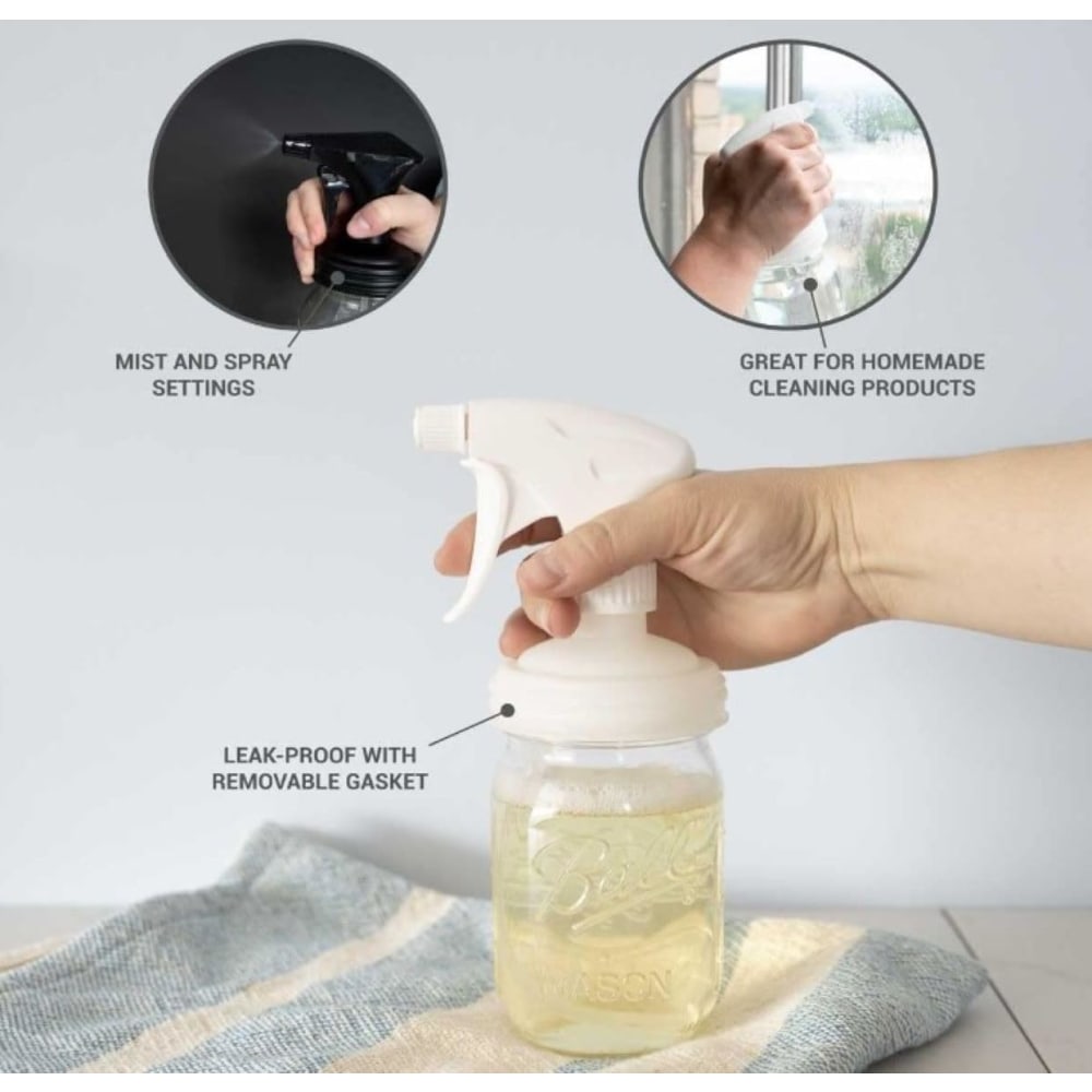Handheld reusable sprayer lid with leak-proof gasket attached to a regular-mouth mason jar, ideal for homemade cleaning products, featured in Home & Decor, Household Helpers, USA Made collections.