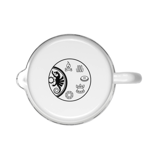 Top view of a white enameled steel milk pot with handle, featuring black printed icons for campfire, stove, coil burner, grill, and coffee cup, crafted for use in Farm, Garden & Tool, Kitchen & Food, Camping, Cookware, and Best Sellers collections.