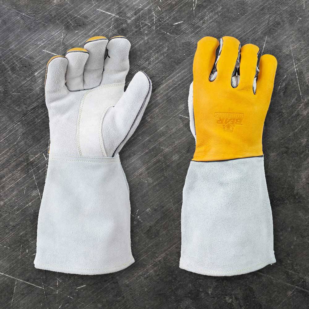 Pair of handcrafted Bear Knuckles welder gloves with mustard yellow ergonomic backs and natural gray reinforced palms and extended cuffs, ideal for various work and home collections.