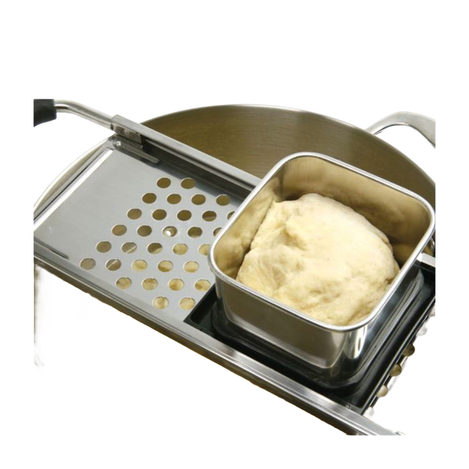 Handcrafted spaetzle maker with stainless steel grater and square hopper holding dough, designed for easy noodle preparation, ideal for Kitchen & Food, Cookware, Baking Supplies, and Best Sellers collections.