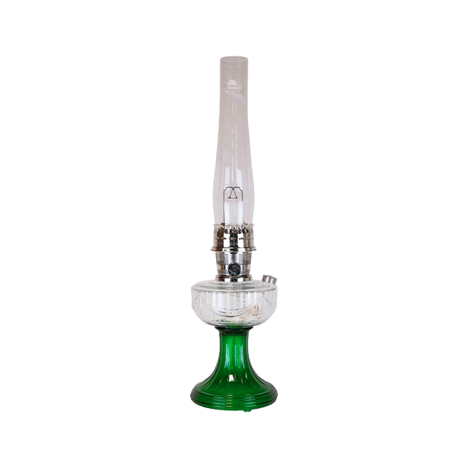 Handcrafted Aladdin oil lamp featuring an Ohio-made emerald glass base with a clear chimney, suitable for Farm, Garden & Tool, Lamps & Lighting, Emergency Supplies, and Oil Lamps collections.