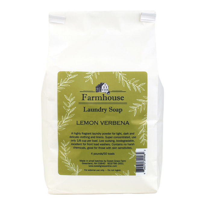 Handcrafted natural laundry soap powder in lemon verbena scent, made in USA with a low-sudsing, biodegradable formula, featured in Home & Decor, Laundry Supplies, and Best Sellers collections.
