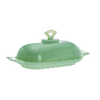 Vintage-inspired green glass butter dish with decorative handle and scalloped edge, handcrafted in the USA, perfect for Kitchen & Food, Dinnerware, Making Butter, Best Sellers, and Promo Eligible collections.