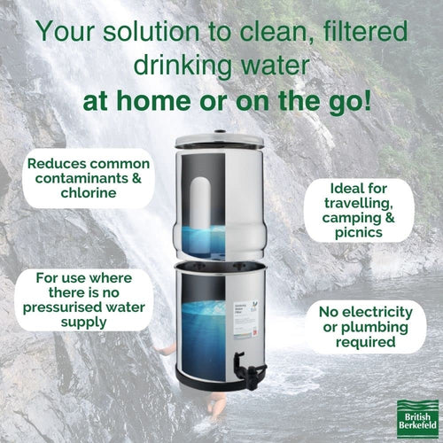 Handcrafted stainless steel gravity water filter with dual ceramic elements, ideal for camping, emergency supplies, and Farm, Garden & Tool collections, requiring no electricity or plumbing.