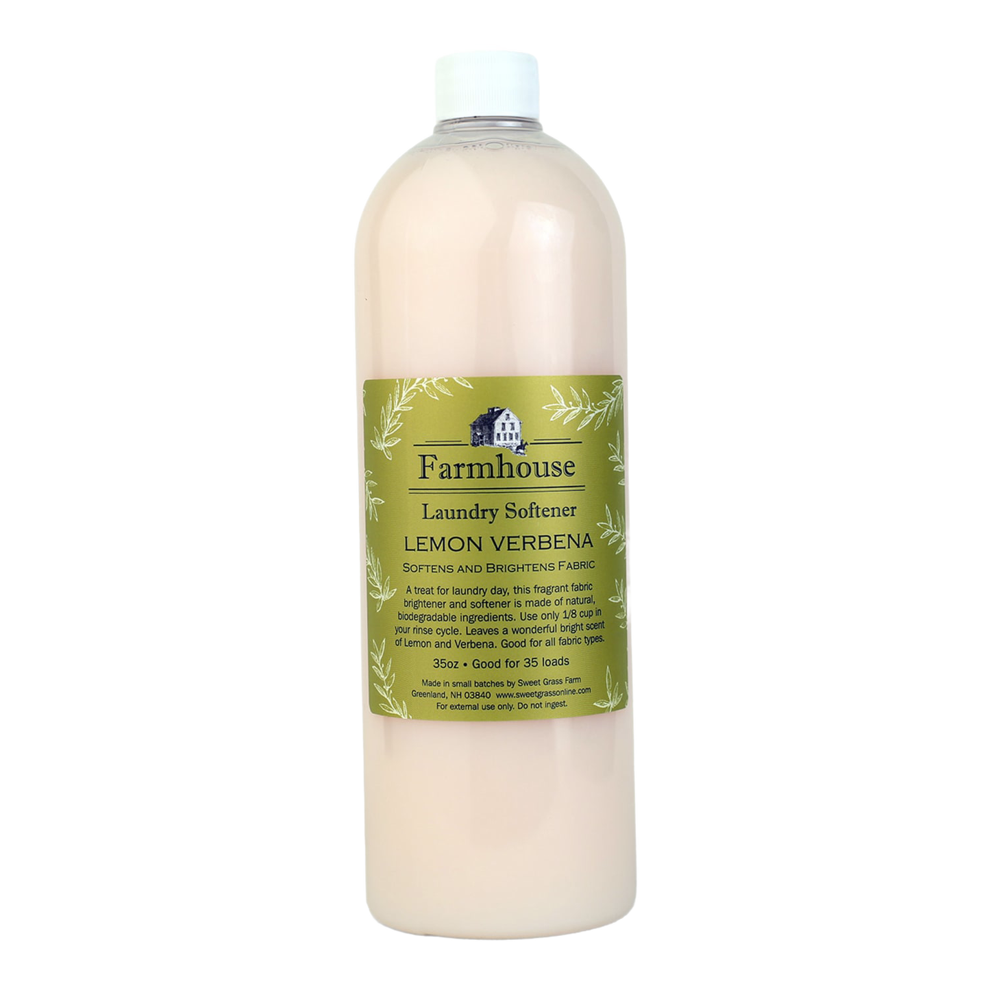Tall bottle of handcrafted laundry softener with lemon verbena scent, made in USA small batches, designed to soften and brighten fabrics gently, ideal for Home & Decor, Laundry Supplies, and Best Sellers collections.