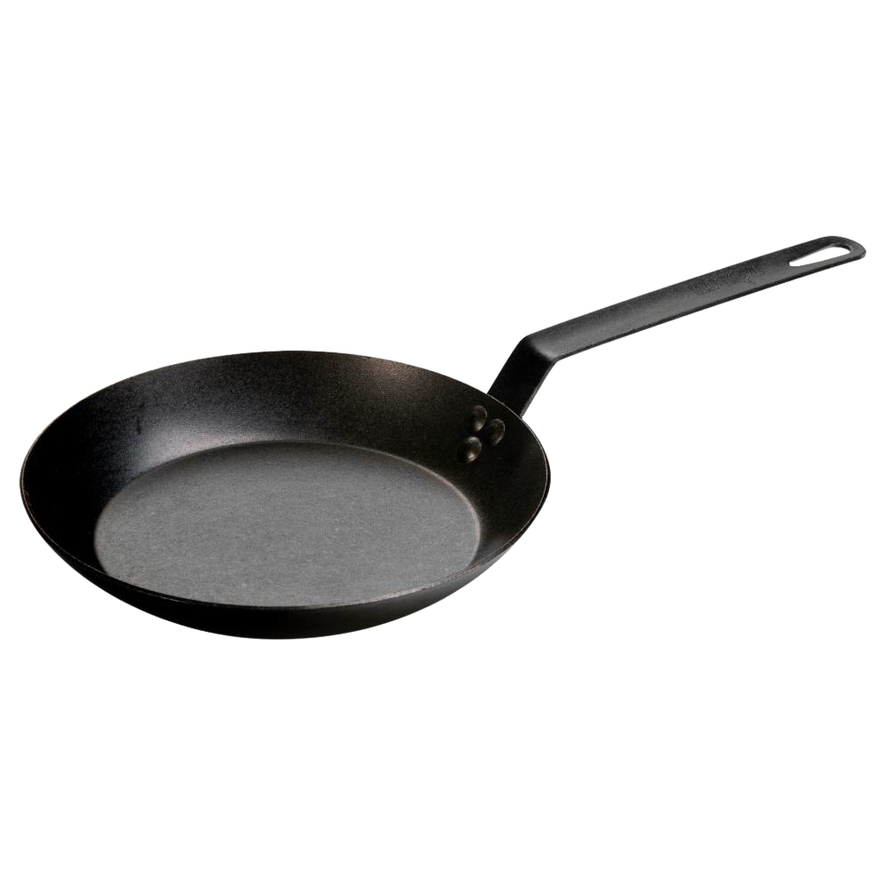 Pre-seasoned carbon steel skillet with long handle and smooth cooking surface, crafted in USA for durability, perfect for Kitchen & Food, Cookware, Pots and Pans, USA Made, Best Sellers, and Promo Eligible collections.