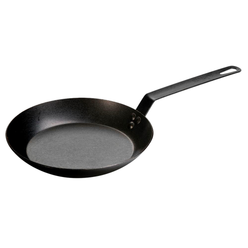Pre-seasoned carbon steel skillet with long handle and smooth cooking surface, crafted in USA for durability, perfect for Kitchen & Food, Cookware, Pots and Pans, USA Made, Best Sellers, and Promo Eligible collections.