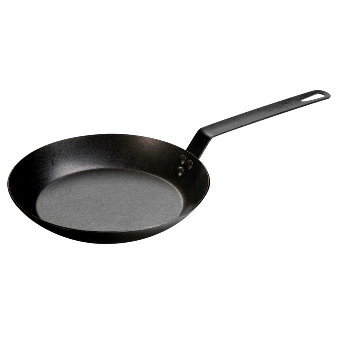 Pre-seasoned carbon steel skillet with long handle and smooth cooking surface, crafted in USA for durability, perfect for Kitchen & Food, Cookware, Pots and Pans, USA Made, Best Sellers, and Promo Eligible collections.