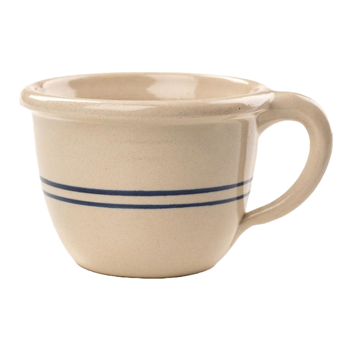 Handcrafted stoneware chili bowl in natural color with double blue stripes and handle, made in USA, ideal for Kitchen & Food, Dinnerware, USA Made, Best Sellers, and Promo Eligible collections.